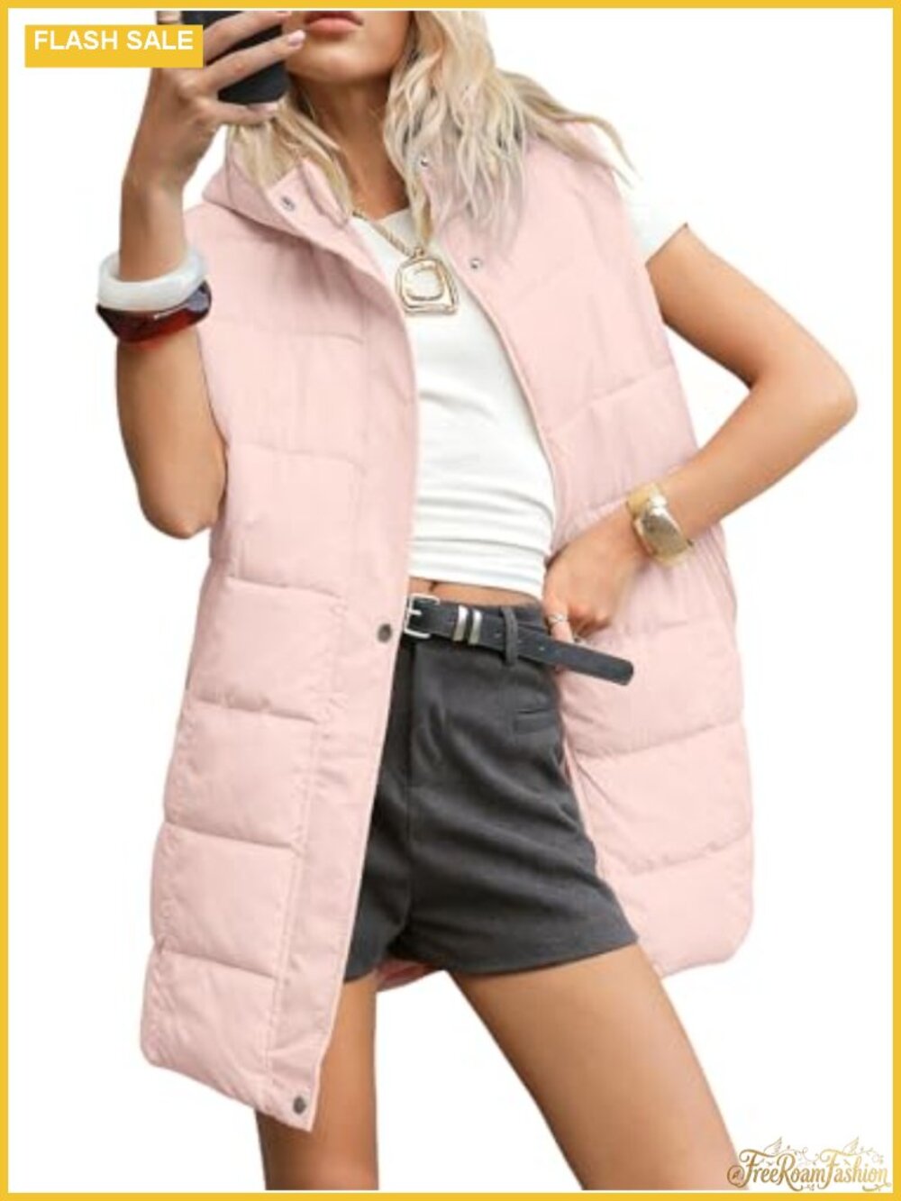 Women's Long Hooded Puffer Vest Quilted Sleeveless Zip Up Winter Gilet